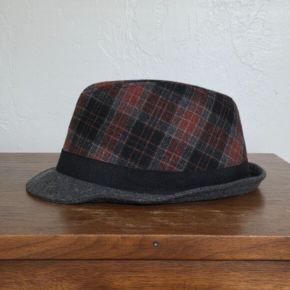Mens Plaid Wool Fedora Hat Classic Checkered Red Black Gray Casual - Picture 4 of 8
